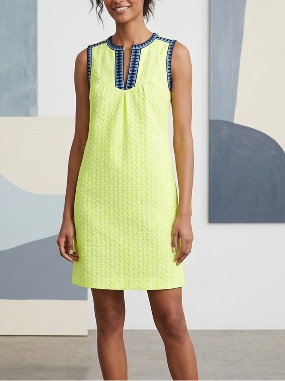 J. Crew Neon Yellow Shift Dress with Navy Trim
